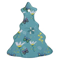 Butterflies Flowers Blue Background Spring Pattern Ornament (christmas Tree)  by Ravend