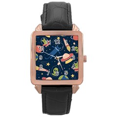 Seamless-pattern-with-funny-aliens-cat-galaxy Rose Gold Leather Watch  by Salman4z