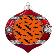 Halloween-card-with-bats-flying-pattern Metal Snowflake And Bell Red Ornament by Salman4z