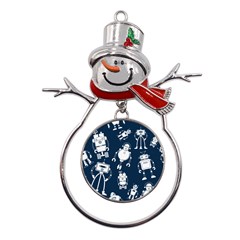 White-robot-blue-seamless-pattern Metal Snowman Ornament by Salman4z