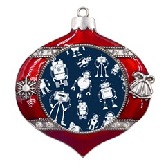 White-robot-blue-seamless-pattern Metal Snowflake And Bell Red Ornament by Salman4z