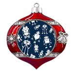 White-robot-blue-seamless-pattern Metal Snowflake And Bell Red Ornament Front