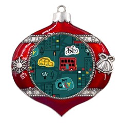 Seamless-pattern-hand-drawn-with-vehicles-buildings-road Metal Snowflake And Bell Red Ornament by Salman4z