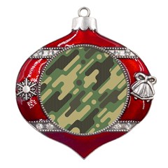 Camouflage-pattern-background Metal Snowflake And Bell Red Ornament by Salman4z