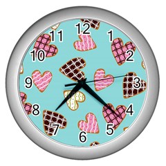 Seamless Pattern With Heart Shaped Cookies With Sugar Icing Wall Clock (silver) by pakminggu