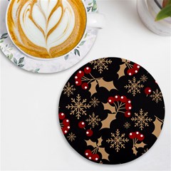 Christmas Pattern With Snowflakes Berries Uv Print Round Tile Coaster by pakminggu