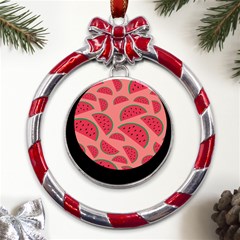 Watermelon Red Food Fruit Healthy Summer Fresh Metal Red Ribbon Round Ornament by pakminggu