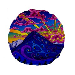 Psychedelic Colorful Lines Nature Mountain Trees Snowy Peak Moon Sun Rays Hill Road Artwork Stars Standard 15  Premium Flano Round Cushions by pakminggu