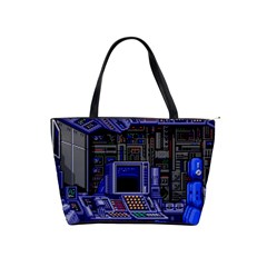 Blue Computer Monitor With Chair Game Digital Wallpaper, Digital Art Classic Shoulder Handbag by Bakwanart