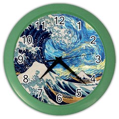 The Great Wave Of Kanagawa Painting Hokusai, Starry Night Vincent Van Gogh Color Wall Clock by Bakwanart