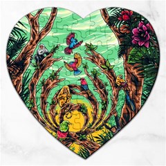 Monkey Tiger Bird Parrot Forest Jungle Style Jigsaw Puzzle (heart) by Grandong