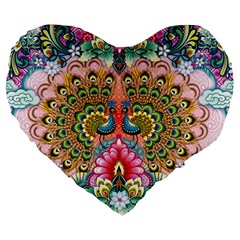 Pink Peacock Bird Pattern Texture Large 19  Premium Flano Heart Shape Cushions by Cowasu