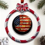 Usa Flag United States Metal Red Ribbon Round Ornament Front