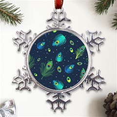 Blue Background Pattern Feather Peacock Metal Large Snowflake Ornament by uniart180623