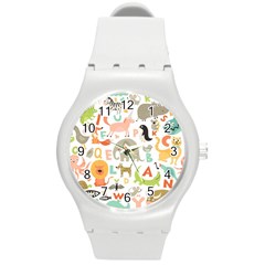 Children Alphabet Seamless Pattern Round Plastic Sport Watch (m) by Simbadda