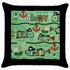 Seamless Pattern Fishes Pirates Cartoon Throw Pillow Case (black) by Simbadda