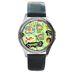 Seamless-pattern-with-wildlife-animals-cartoon Round Metal Watch by Simbadda