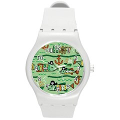 Seamless Pattern Fishes Pirates Cartoon Round Plastic Sport Watch (m) by Simbadda