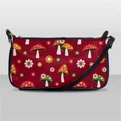 Woodland Mushroom And Daisy Seamless Pattern On Red Backgrounds Shoulder Clutch Bag by Amaryn4rt