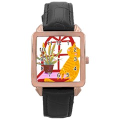 Cat Pet Ginger Art Animal Cartoon Rose Gold Leather Watch  by uniart180623