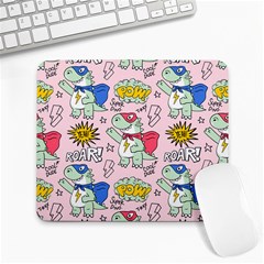 Seamless-pattern-with-many-funny-cute-superhero-dinosaurs-t-rex-mask-cloak-with-comics-style-inscrip Large Mousepad by Ket1n9