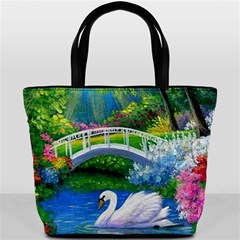 Swan Bird Spring Flowers Trees Lake Pond Landscape Original Aceo Painting Art Bucket Bag by Ket1n9