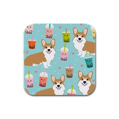 Welsh Corgi Boba Tea Bubble Cute Kawaii Dog Breed Rubber Square Coaster (4 Pack) by Grandong