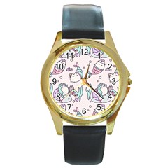 Cartoon Cat Cute Animal Design Drawing Illustration Kawaii Round Gold Metal Watch by Grandong