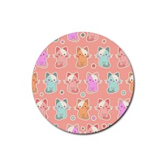 Cute Kawaii Kittens Seamless Pattern Rubber Round Coaster (4 Pack) by Grandong