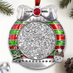 Food Doodle Pattern Metal X mas Ribbon With Red Crystal Round Ornament by Sarkoni