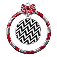 Zigzag Chevron Pattern Metal Red Ribbon Round Ornament by Dutashop