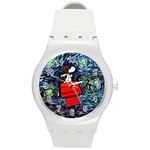 Dog Flying House Cartoon Starry Night Vincent Van Gogh Parody Round Plastic Sport Watch (M) Front