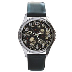 Grunge Seamless Pattern With Skulls Round Metal Watch by Bedest