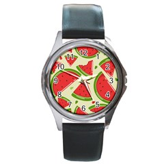 Cute Watermelon Seamless Pattern Round Metal Watch by Pakjumat