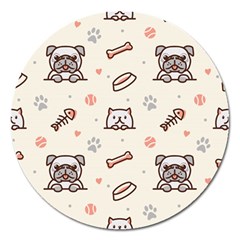 Pug Dog Cat With Bone Fish Bones Paw Prints Ball Seamless Pattern Vector Background Magnet 5  (round) by Bedest