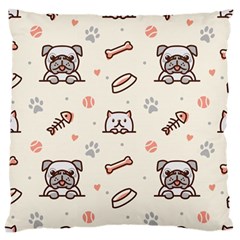 Pug Dog Cat With Bone Fish Bones Paw Prints Ball Seamless Pattern Vector Background Large Premium Plush Fleece Cushion Case (two Sides) by Bedest