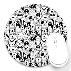 Seamless Pattern With Black White Doodle Dogs Round Mousepad by Grandong