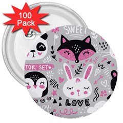 Big Set With Cute Cartoon Animals Bear Panda Bunny Penguin Cat Fox 3  Buttons (100 Pack)  by Bedest