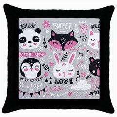 Big Set With Cute Cartoon Animals Bear Panda Bunny Penguin Cat Fox Throw Pillow Case (black) by Bedest