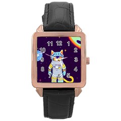 Cat Astronaut Space Retro Universe Rose Gold Leather Watch  by Bedest