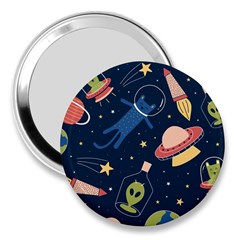 Seamless Pattern With Funny Aliens Cat Galaxy 3  Handbag Mirrors by Hannah976