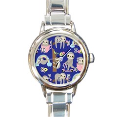 Hand Drawn Cute Sloth Pattern Background Round Italian Charm Watch by Hannah976