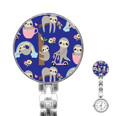 Hand Drawn Cute Sloth Pattern Background Stainless Steel Nurses Watch by Hannah976