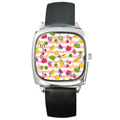 Tropical Fruits Berries Seamless Pattern Square Metal Watch by Ravend