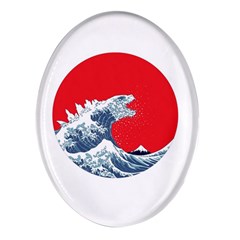 The Great Wave Of Kaiju Oval Glass Fridge Magnet (4 Pack) by Cendanart