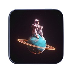 Stuck On Saturn Astronaut Planet Space Square Metal Box (black) by Cendanart