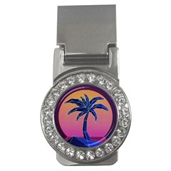 Abstract 3d Art Holiday Island Palm Tree Pink Purple Summer Sunset Water Money Clips (cz)  by Cemarart