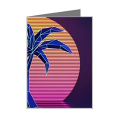 Abstract 3d Art Holiday Island Palm Tree Pink Purple Summer Sunset Water Mini Greeting Card by Cemarart