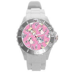 Cute Animal Little Cat Seamless Pattern Round Plastic Sport Watch (l) by Grandong