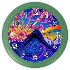 Blue And Purple Mountain Painting Psychedelic Colorful Lines Color Wall Clock by Bedest